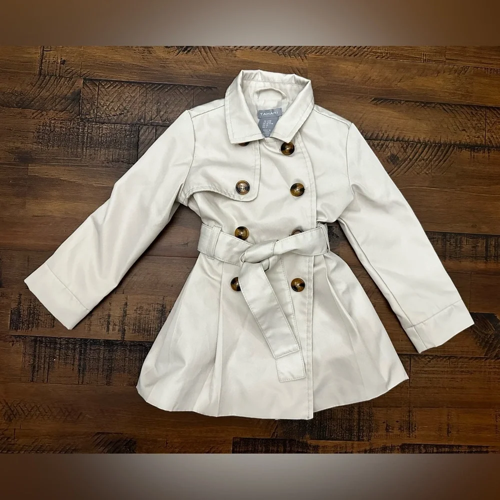 Tahari Girls Trench Coat Jacket Button-Up Long Sleeve Belted Beige Size 24M